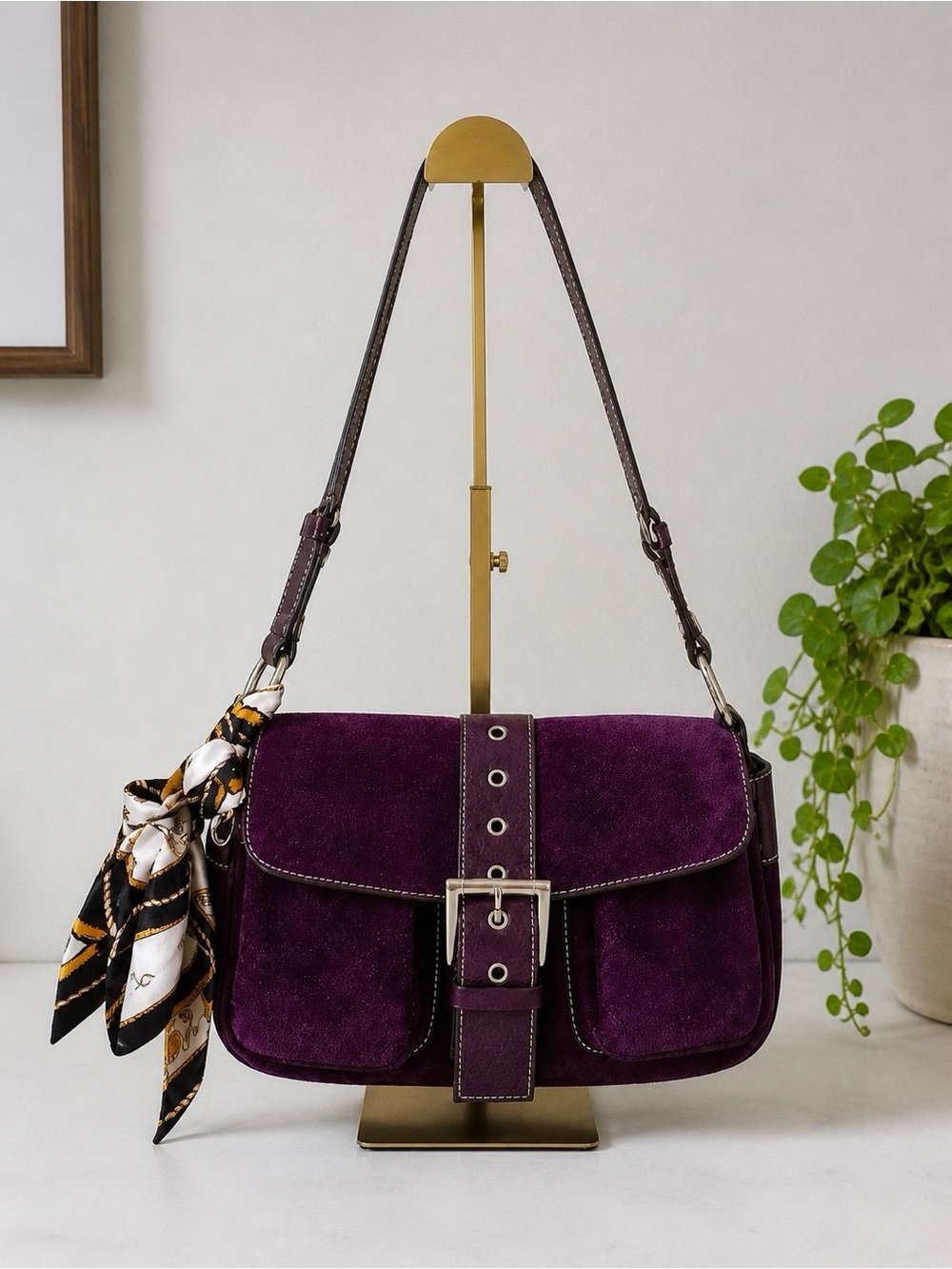 Vintage Purple Genuine Suede Leather Shoulder Bag Made In Italy
